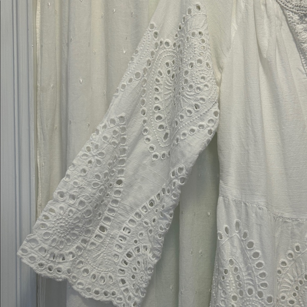 RubyYaya Eyelet Dress Size S White BellSleeve Boho Embroidered - Picture 6 of 16
